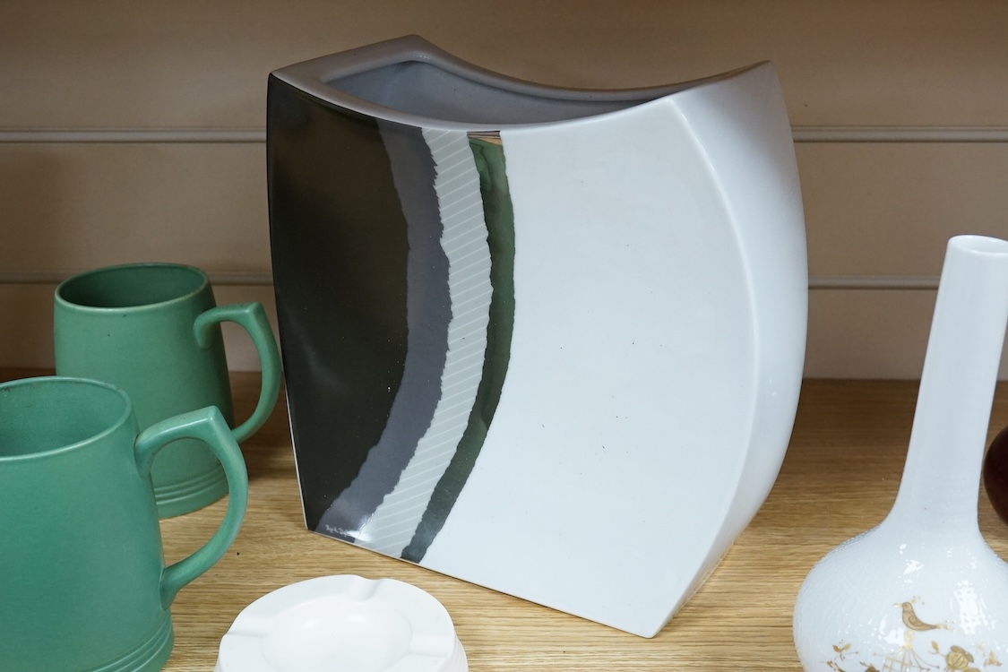 A collection of Rosenthal and Wedgwood pottery to include a pair of Keith Murray mugs, abstract vases and an ash tray, largest 25cm high